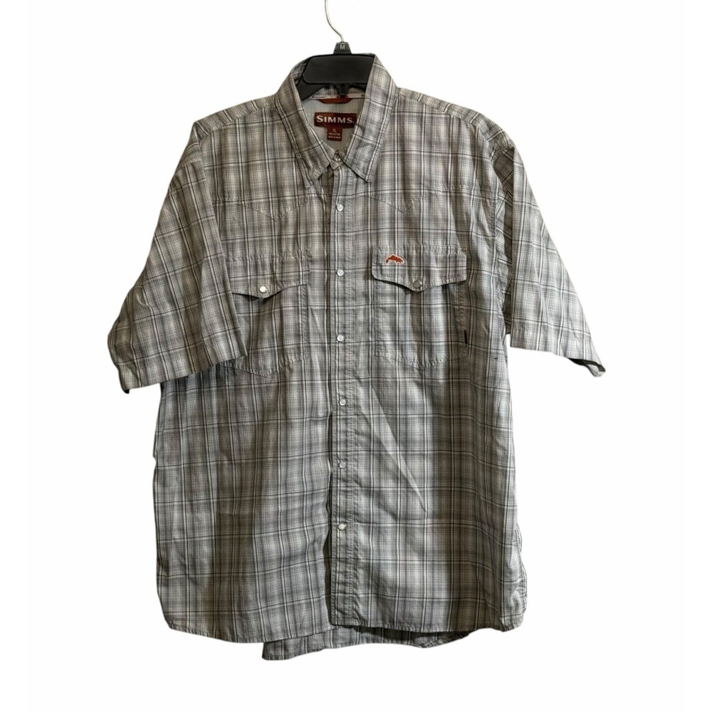 Simms Mens XL Short Sleeve Pearl Snap Fishing Shirt Vented Plaid Cotton